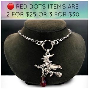 🔴Handmade stainless steel chain witch on broom + dangly black crystal halloween